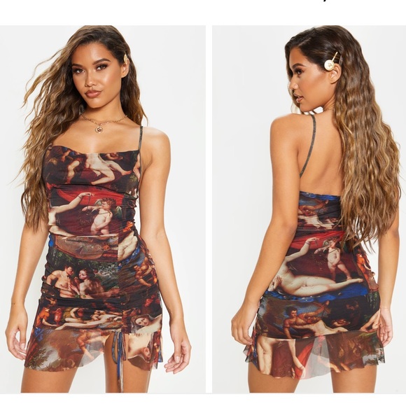Plt prettylittlething multi Mesh Renaissance Print Ruched Bodycon Dress size 6 - Picture 2 of 3